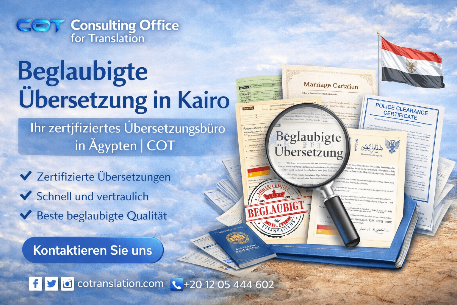 Beglaubigte Übersetzung in Kairo by Consulting Office for Translation, certified translation services in Egypt for official documents
