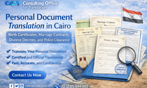Personal document translation services in Cairo for birth certificates, marriage contracts, divorce decrees, and police clearance by Consulting Office for Translation
