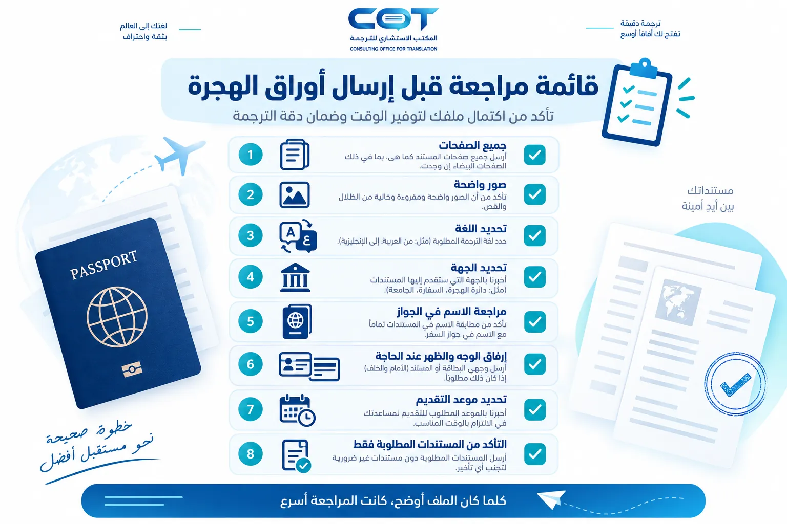 قائمة مراجعة قبل تأكيد ترجمة أوراق الهجرة